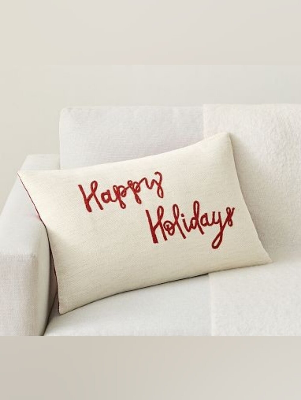 Pottery Barn Cream Holiday Pillow with Red Script